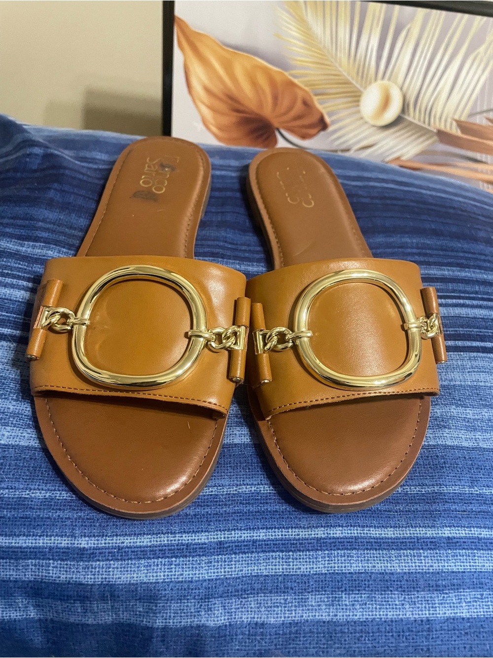 Franco Sarto Tan Leather Slide Sandals with Gold Accent